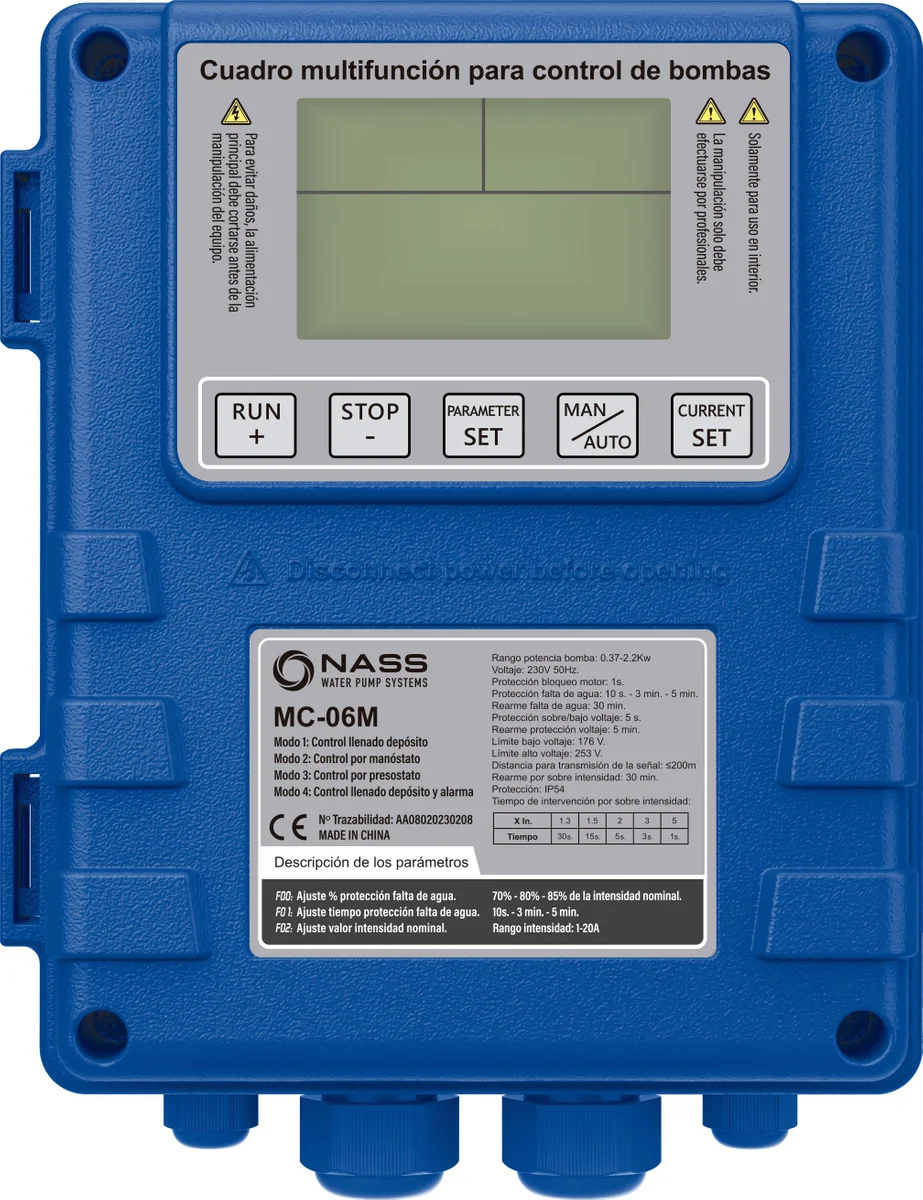 Cuadro eléctrico para bombas Nass Multifunción MC-06T 1 bomba hasta 4kW Trifásica